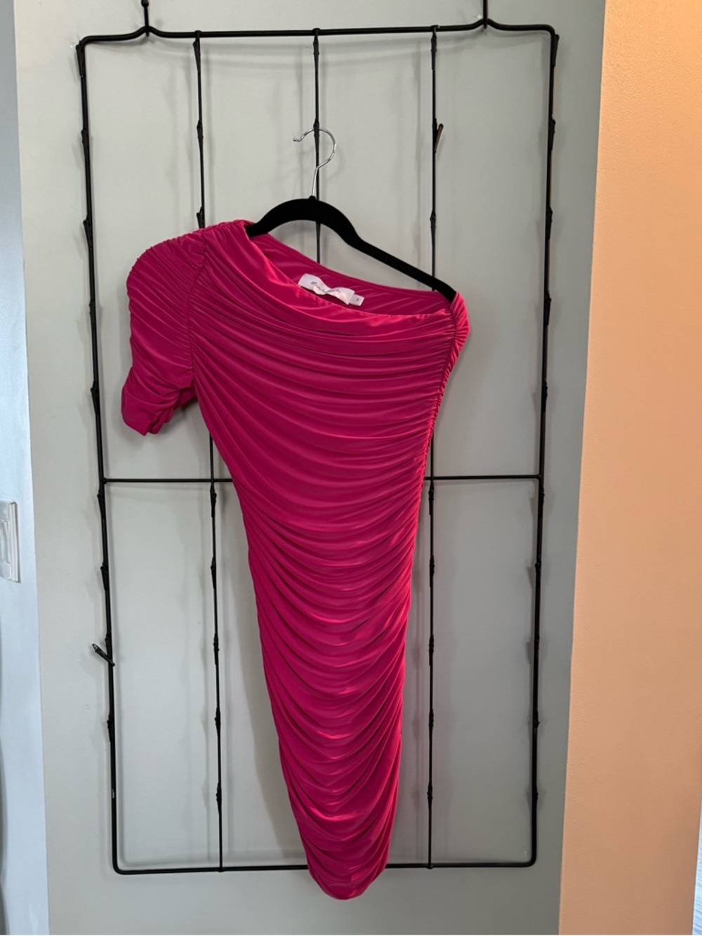 Tanya Taylor Hot Pink One-Shoulder Ruched Dress